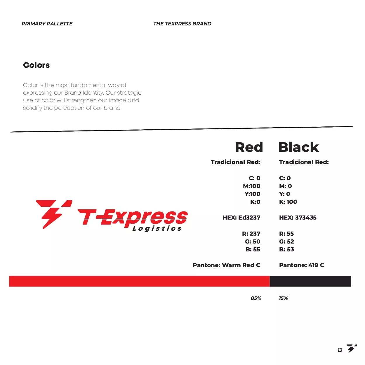 T-Express colour sheet: red and black with HEX, RGB, CMYK and Pantone values