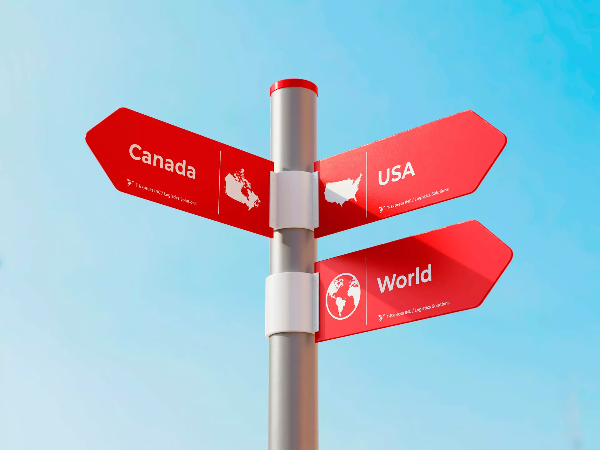 Signpost pointing to Canada, USA and World