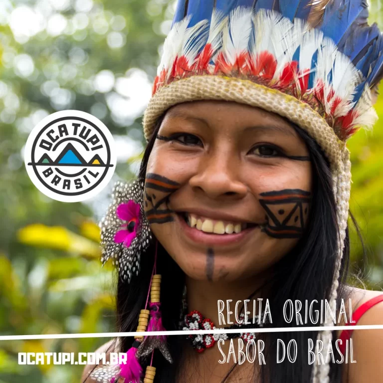 Social media post: woman with a feather headdress and the Oca Tupi logo