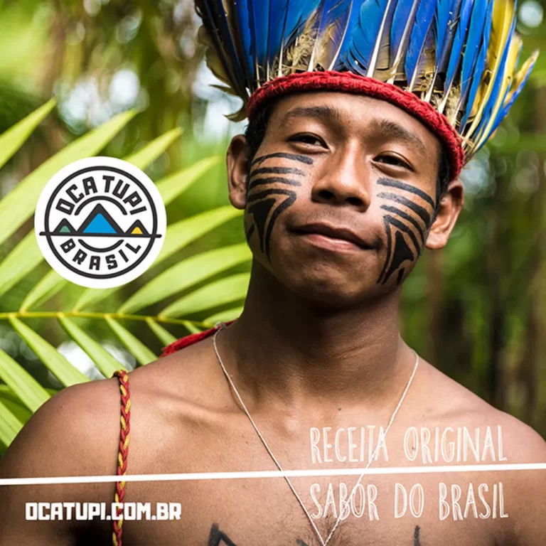 Social media post: man with a blue feather headdress and the Oca Tupi logo