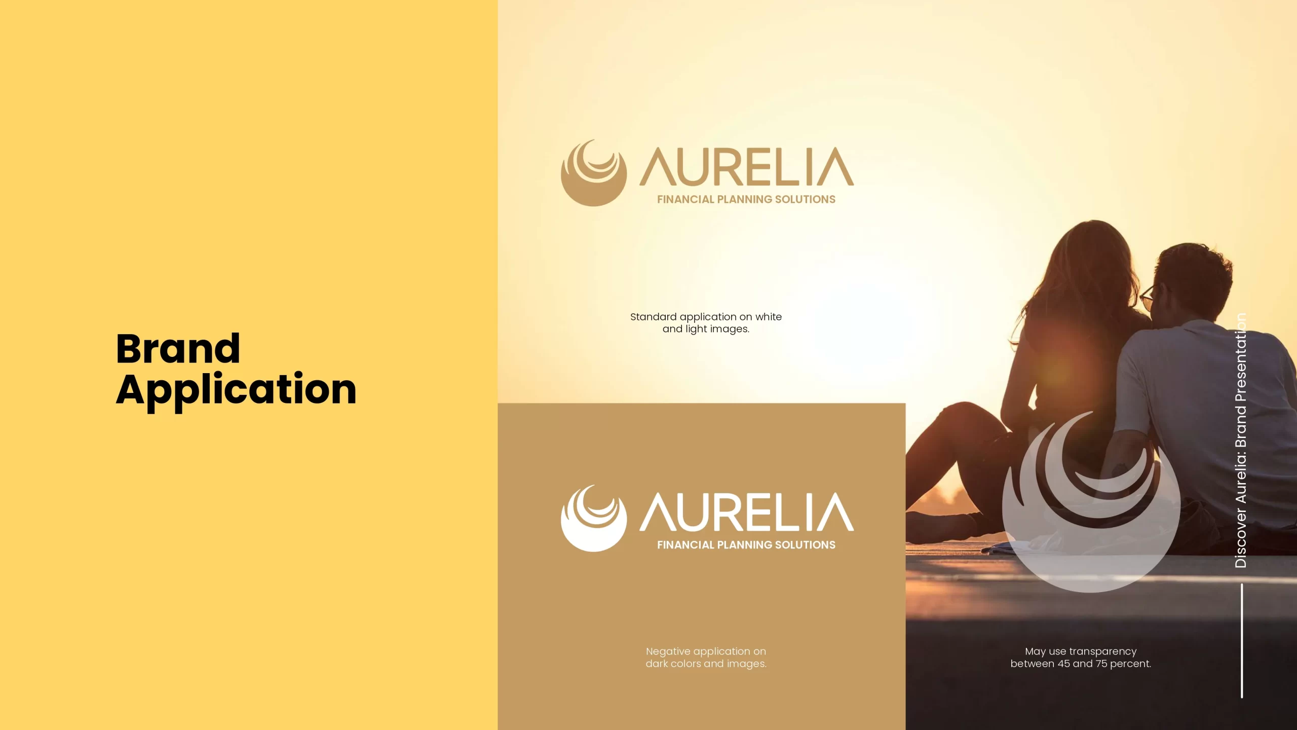 Aurelia current brand shown on a golden sunset photo, with the old logo on white and gold backgrounds