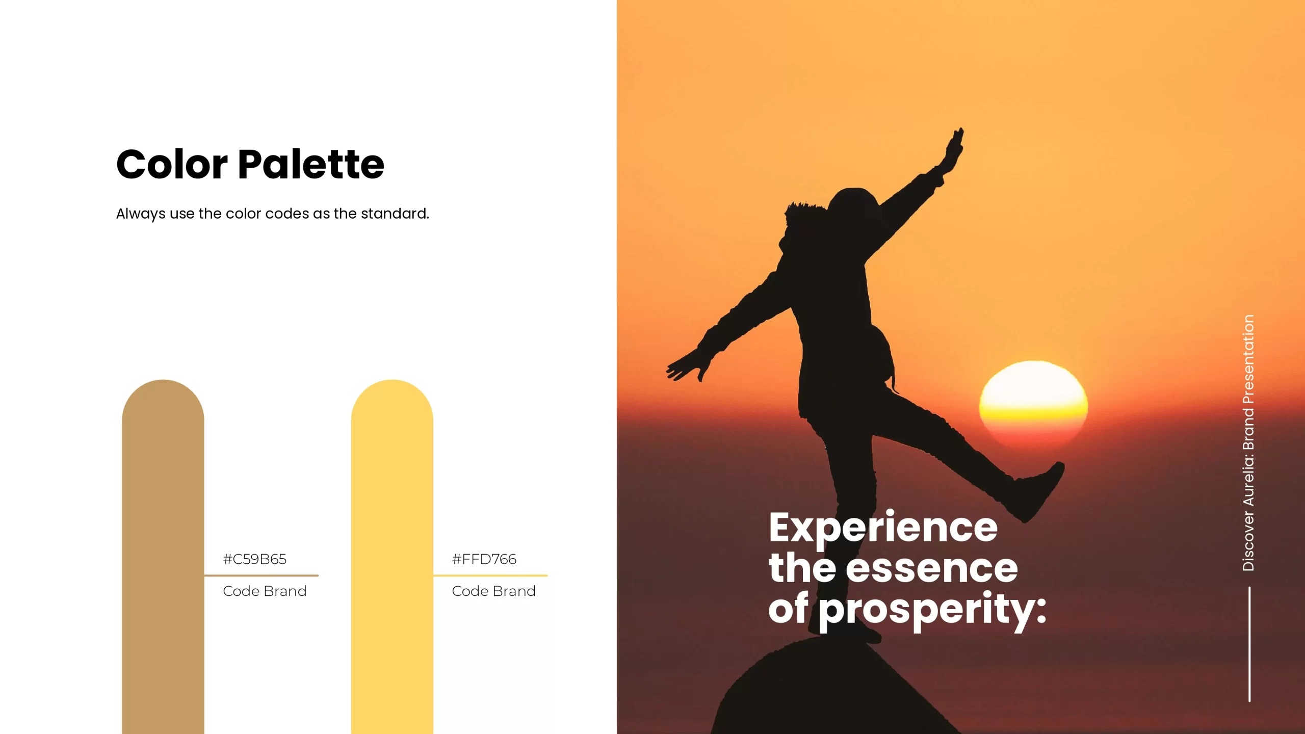Aurelia colour palette sheet with Gold C59B65 and Yellow FFD766 next to a sunset silhouette