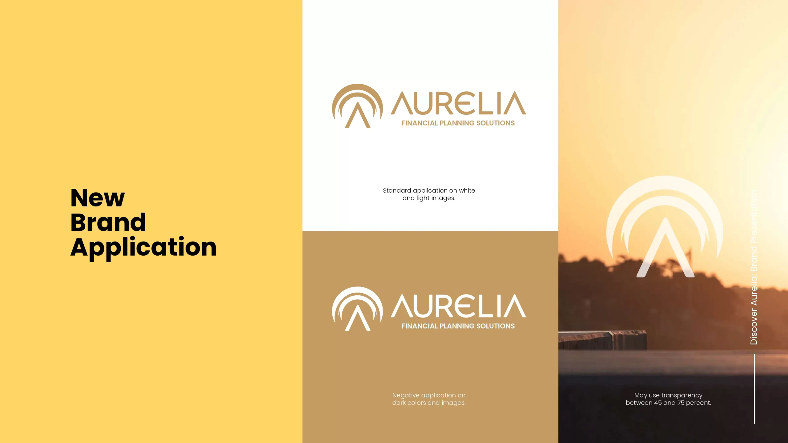 Aurelia new brand application on yellow, white, gold and photo backgrounds