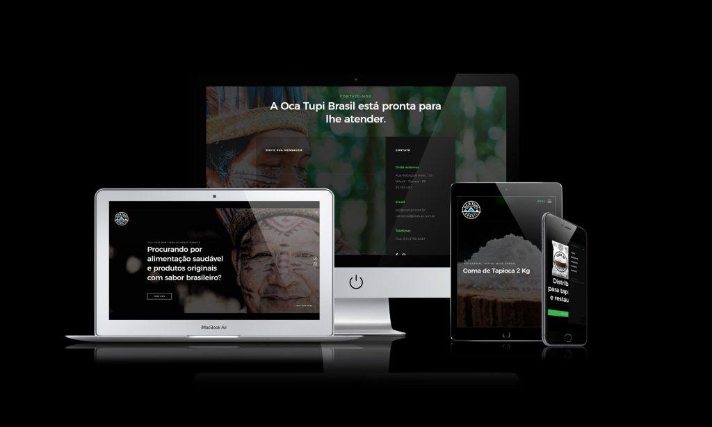 Oca Tupi website shown on a laptop, a tablet and a phone