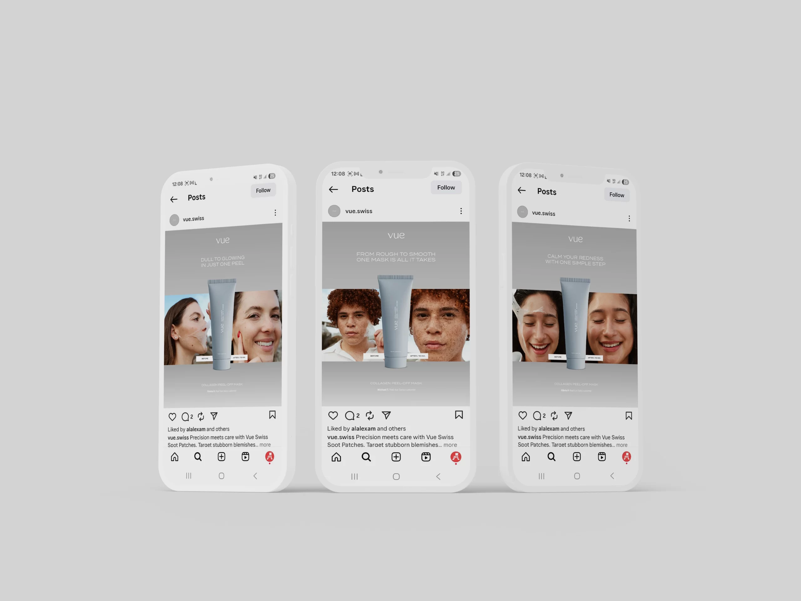 VUE Instagram feed shown on three phones, a mockup of the digital campaign