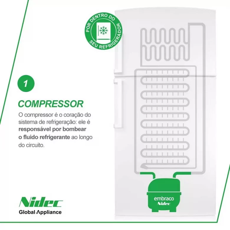 Post 1: the compressor, highlighted in green inside the fridge circuit