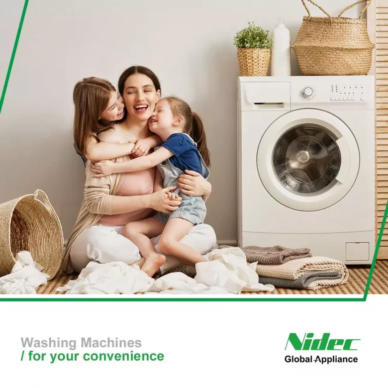 Mother hugging two children next to a washing machine, for convenience