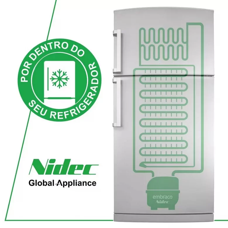 Round green badge, Por dentro do seu refrigerador, next to the Nidec Global Appliance logo