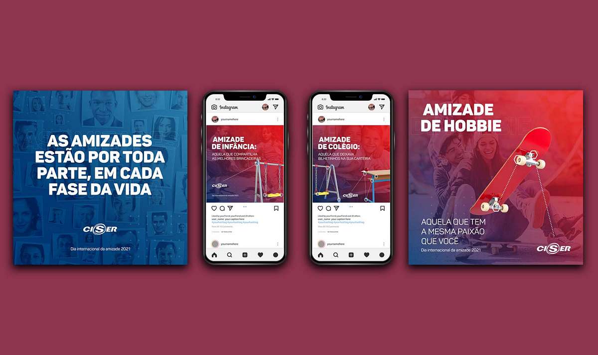 Friendship series shown as square posts and phone screens on a burgundy background