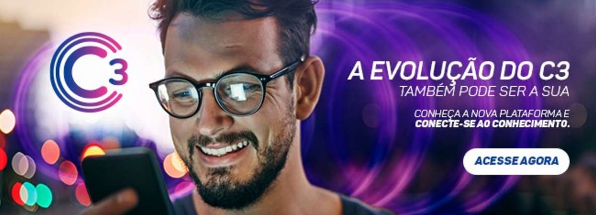 Web banner: The evolution of C3 can be yours too, with a smiling man holding a phone
