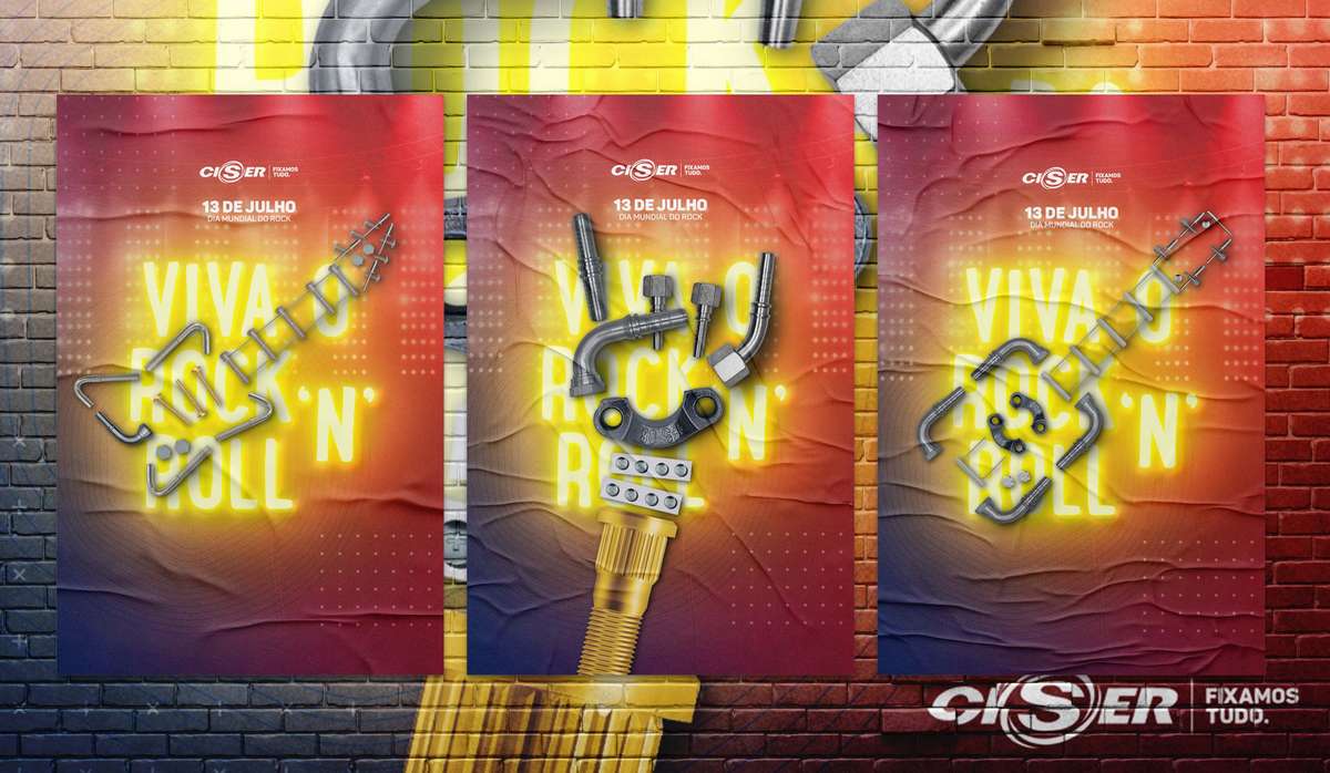 Three Rock Day posters side by side with glowing neon lettering