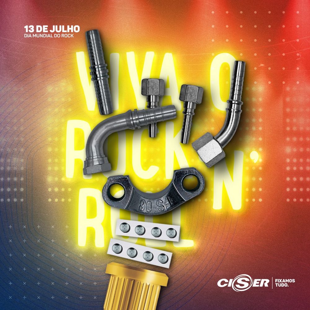 Rock Day poster: a rock’n’roll hand made from industrial products in glowing yellow letters