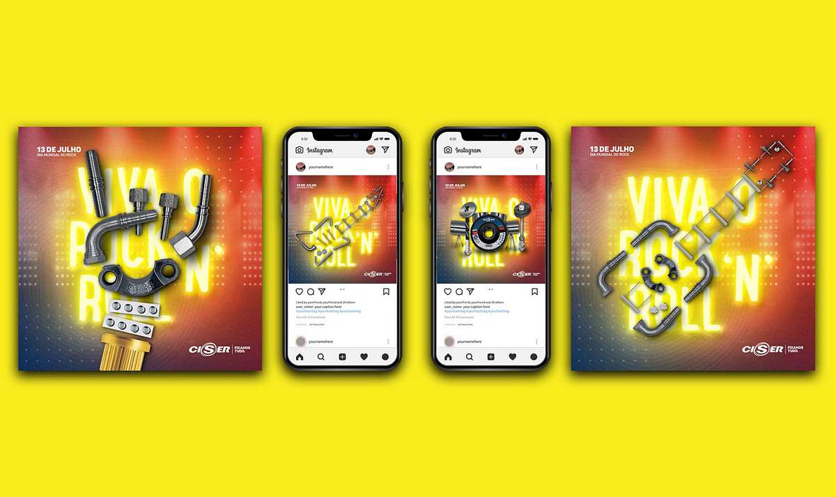 Rock Day posts shown on phones and as square posters on a yellow background