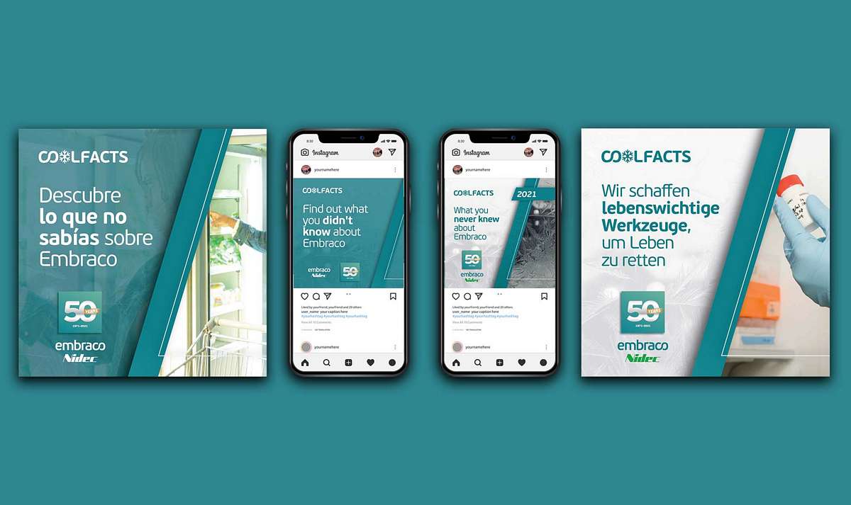 Coolfacts feed sheet: posts in English, Spanish and German shown on phones