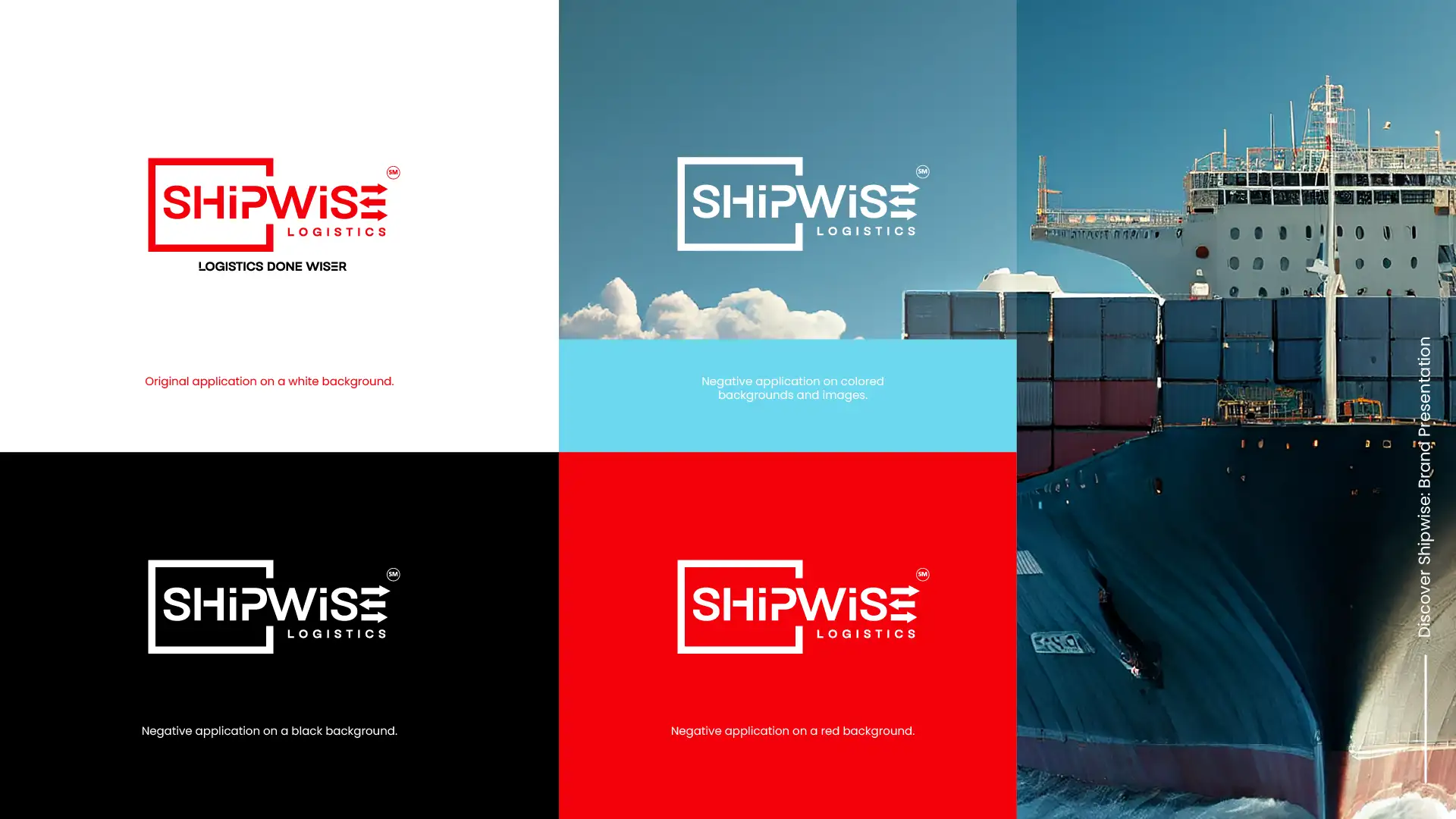 Shipwise logo in red on white, in white on black, red and colour backgrounds, and on a ship photo