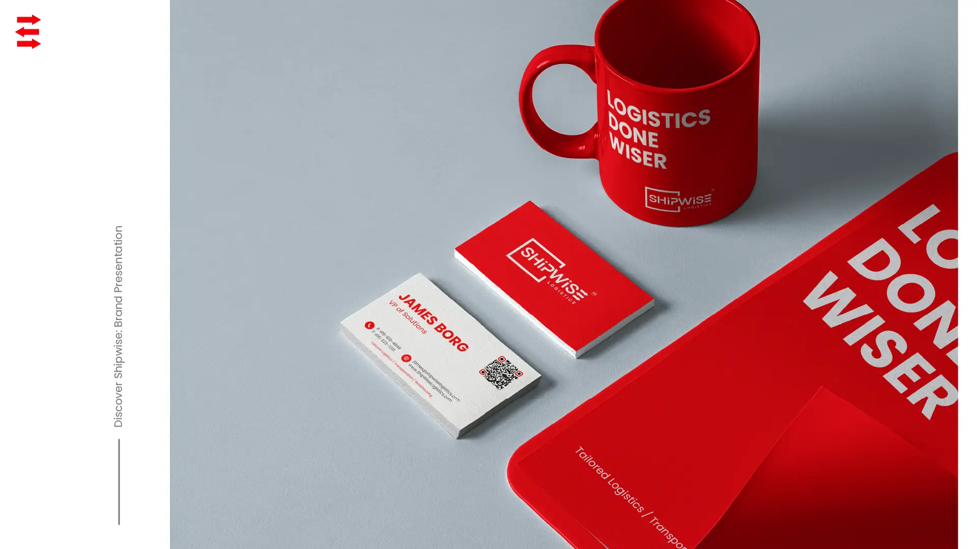 Shipwise business cards, red mug and folder