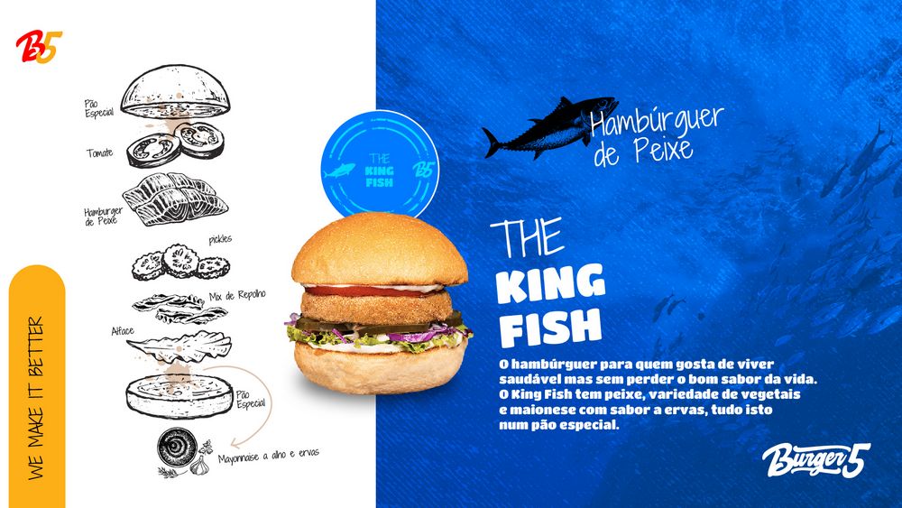 Burger Five menu page: The King Fish