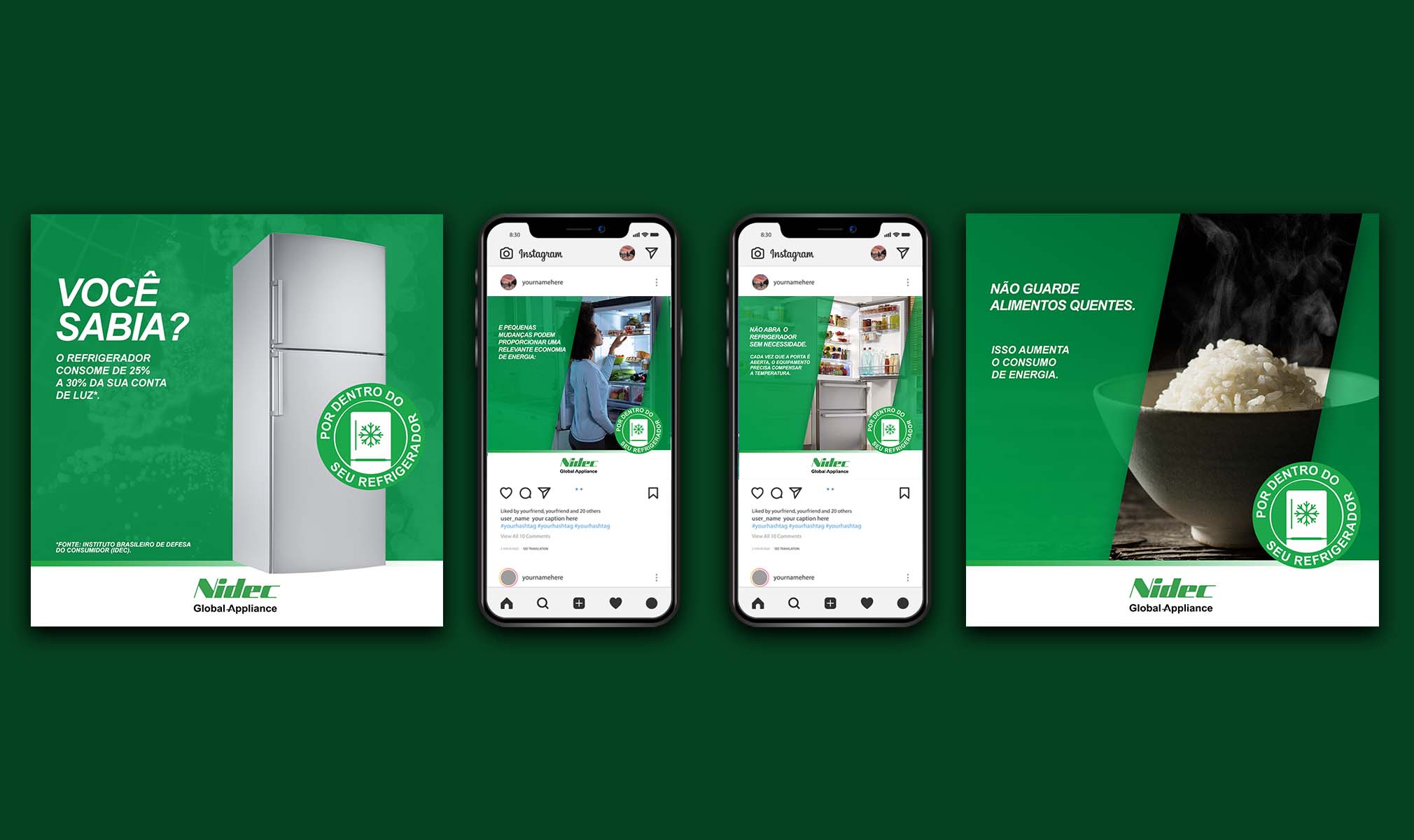 Instagram feed mockup with a fridge post, two phone screens and a post about not storing hot food, on a dark green background