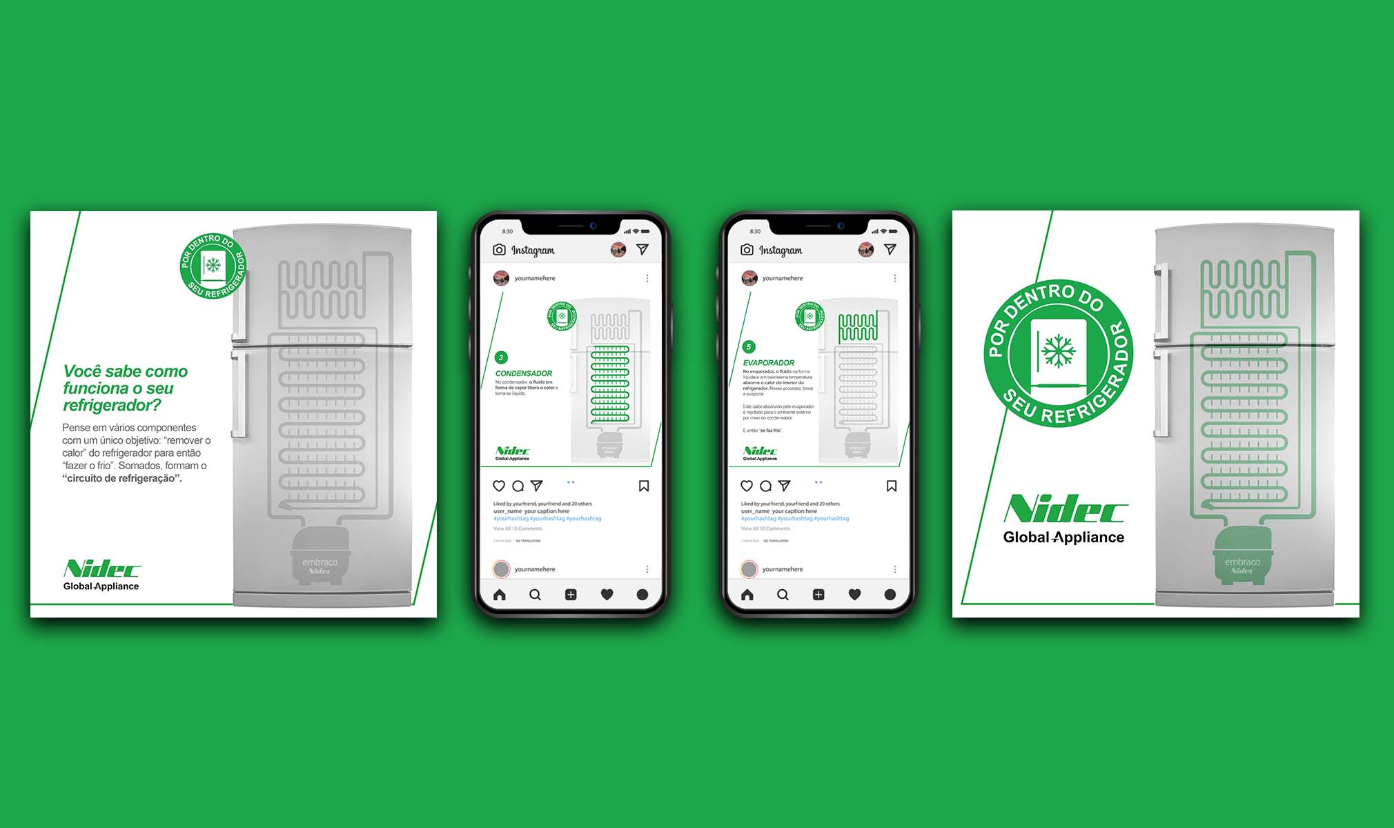 Instagram feed mockup with fridge series posts and two phone screens on a green background