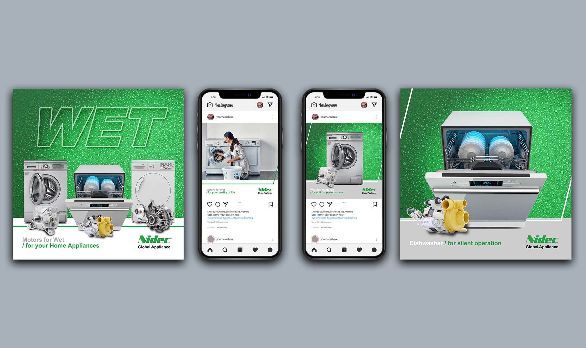 Instagram feed mockup with WET posts and two phone screens on a grey background