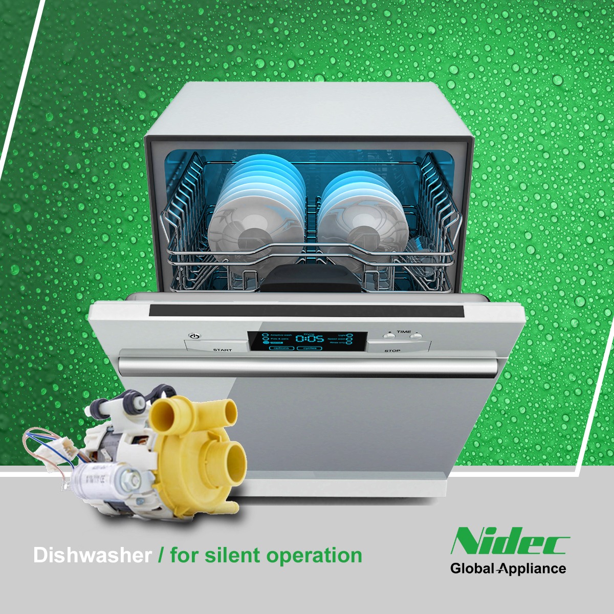 WET post: open dishwasher with its pump, for silent operation
