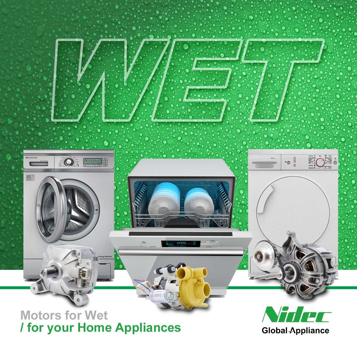 WET post: a washing machine, a dishwasher and a dryer with their motors on a green water-drop background
