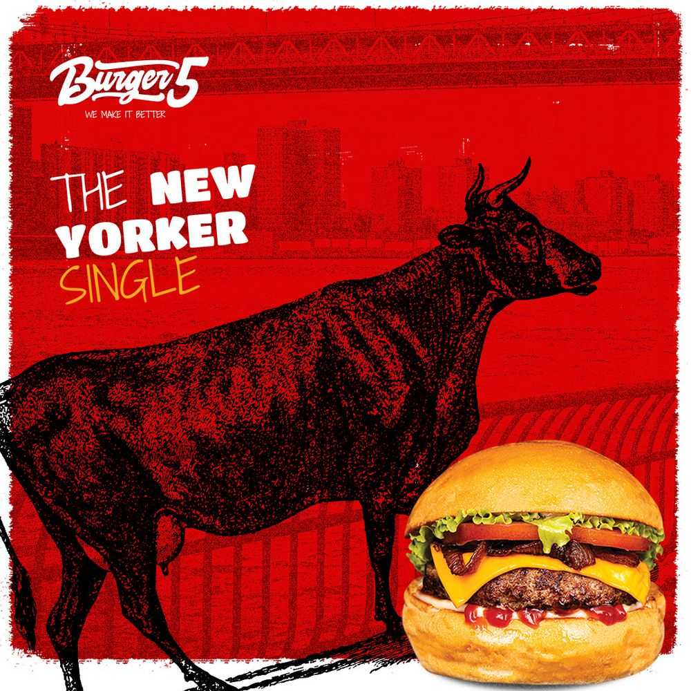 Burger Five visual identity, The New Yorker Single card with a drawn bull