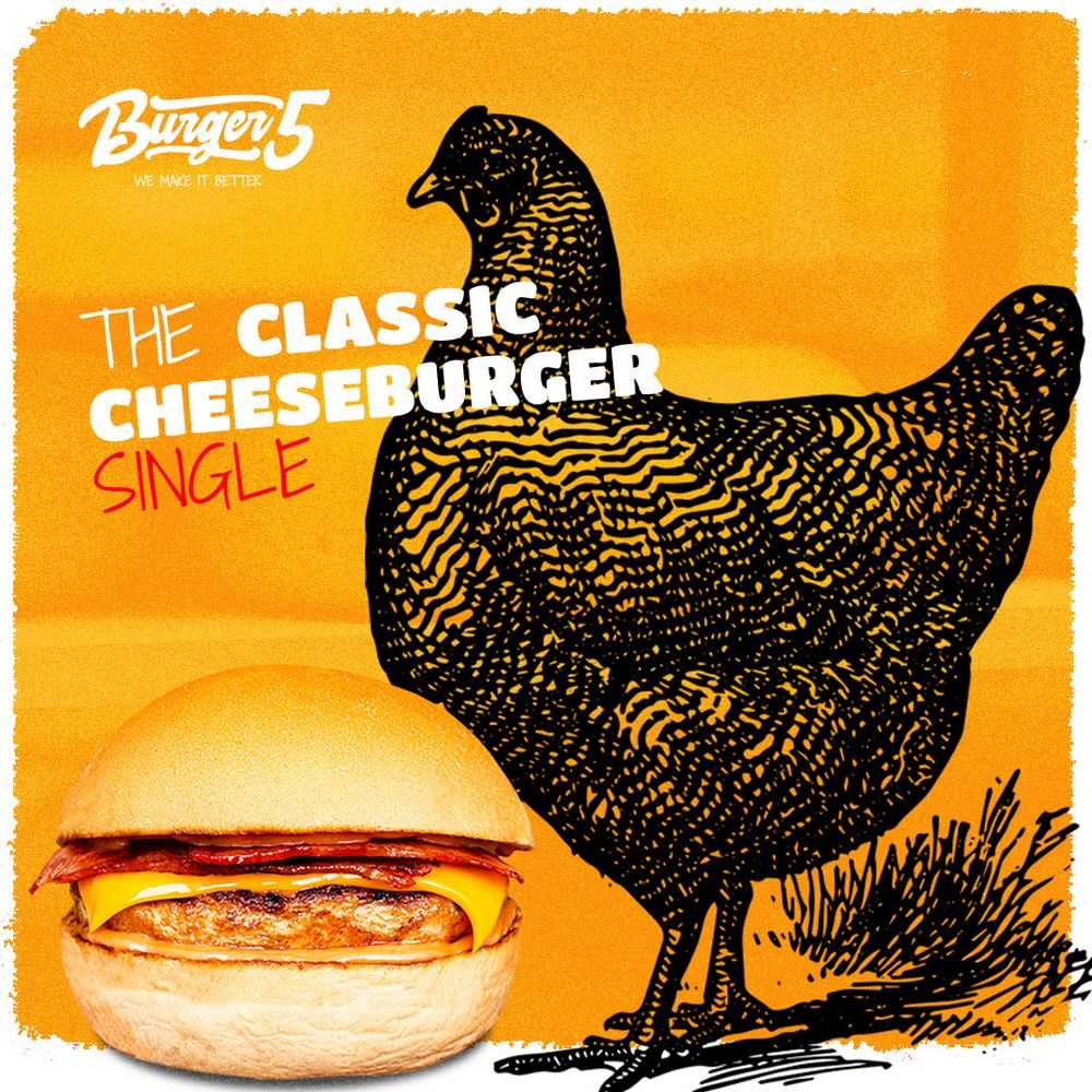 Burger Five visual identity, The Classic Cheeseburger Single card with a drawn hen