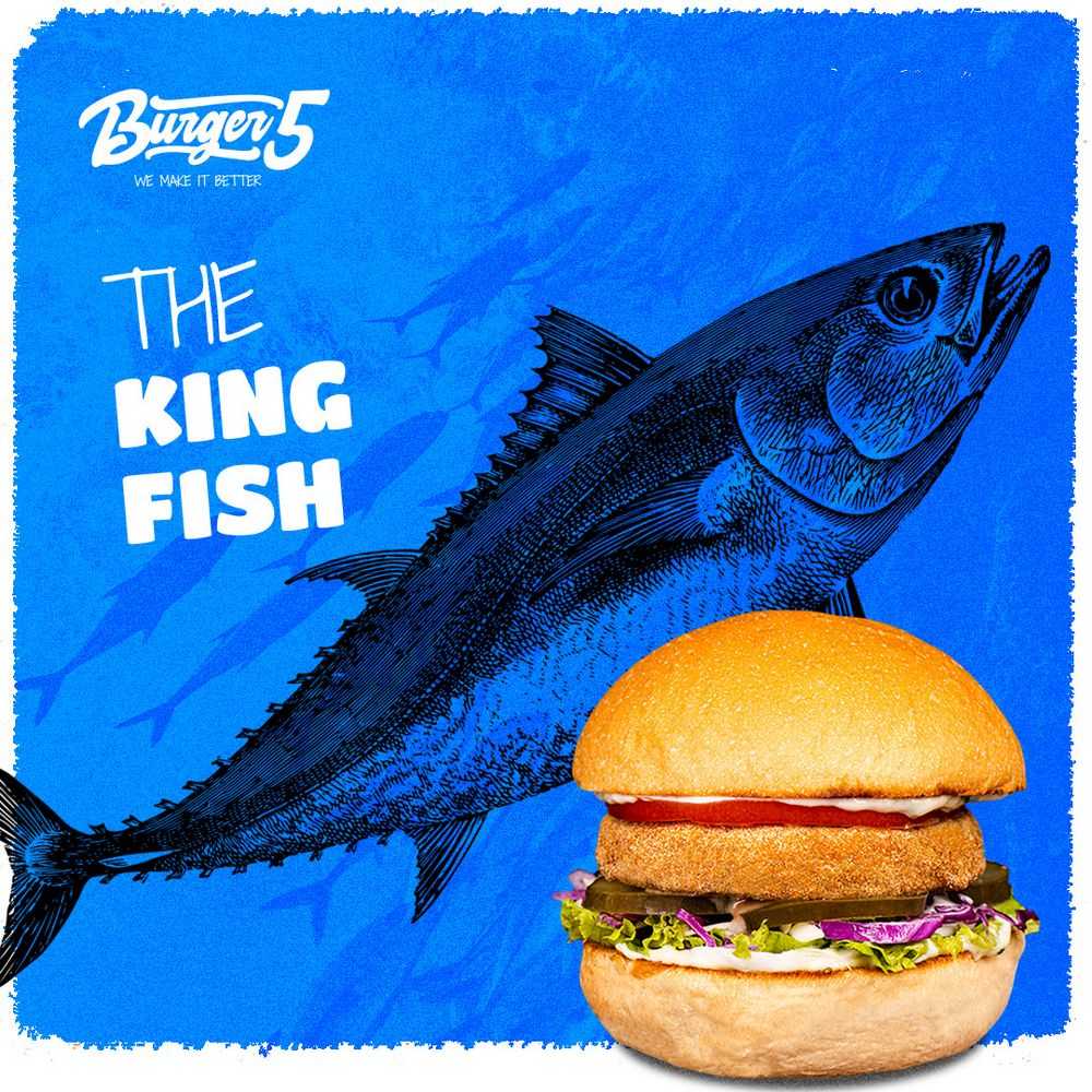Burger Five visual identity, The King Fish card with a drawn tuna