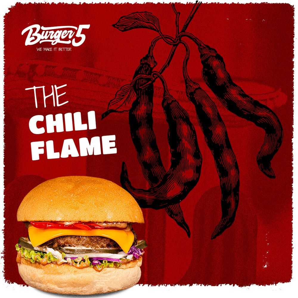 Burger Five visual identity, The Chili Flame card with drawn chilli peppers