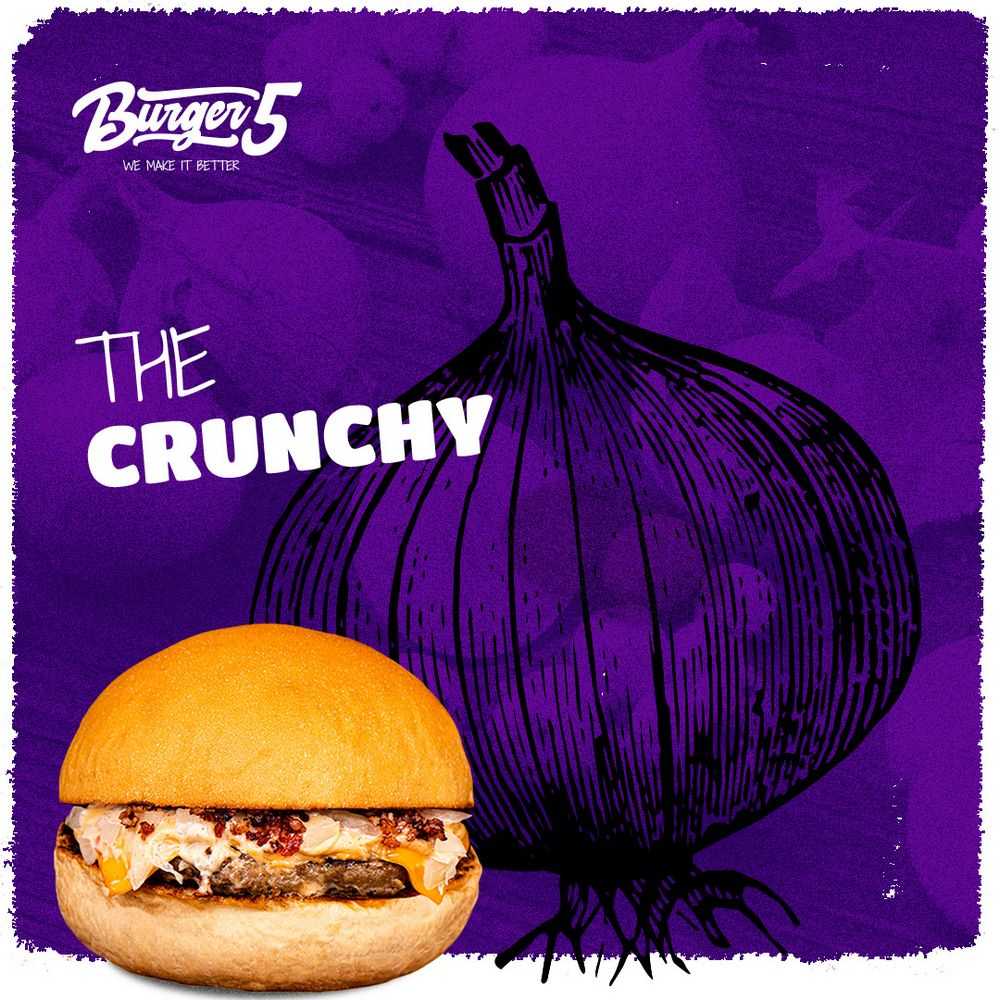 Burger Five visual identity, The Crunchy card with a drawn onion
