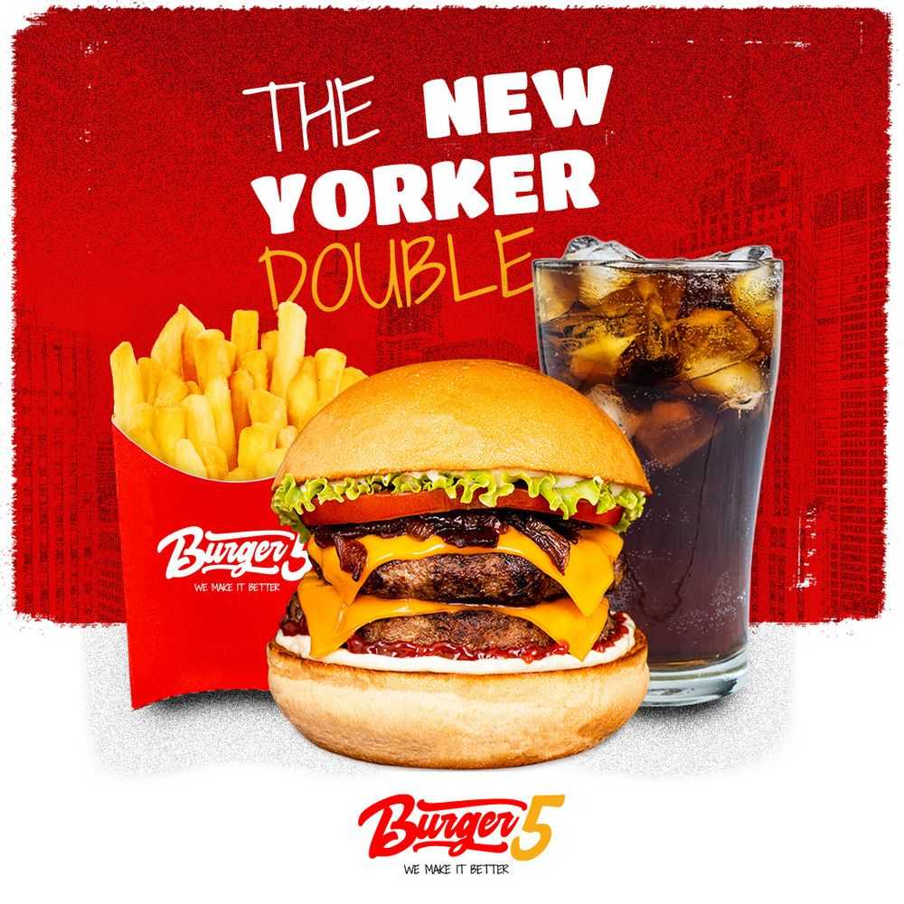 Burger Five visual identity, The New Yorker Double social card with burger, fries and drink