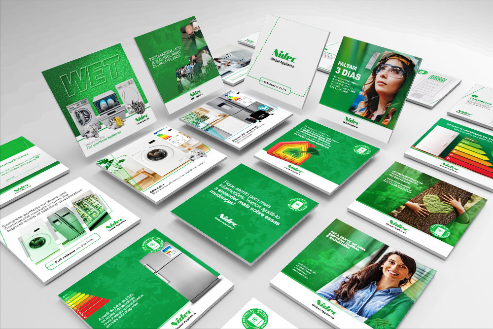 Many Nidec Global Appliance posts laid out together on a light surface: WET, energy labels and people