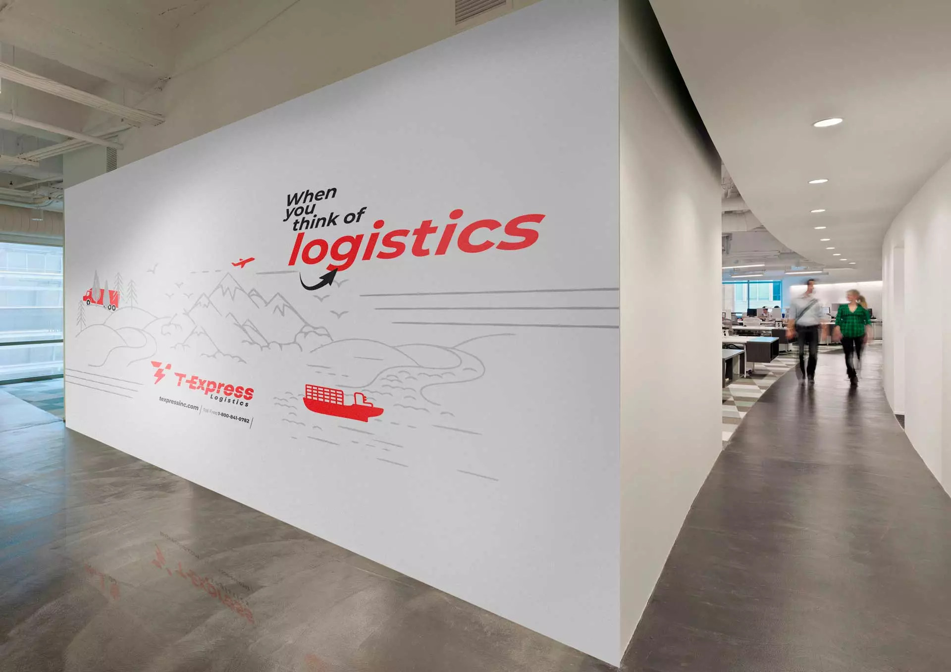 T-Express office wall with the slogan and line-art graphics