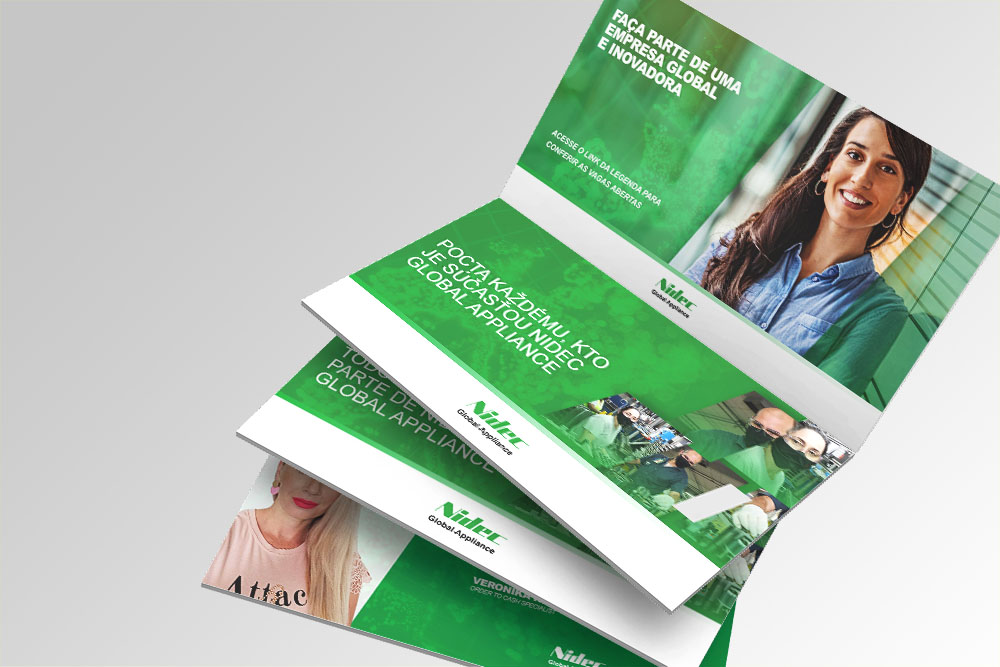 Folded Nidec Global Appliance leaflet with a smiling woman and a recruiting message