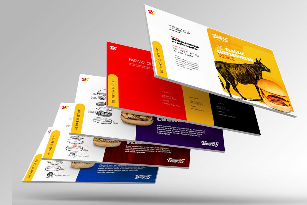 Burger Five menu pages in a floating layout