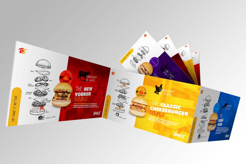 Burger Five menu pages in a colourful spread