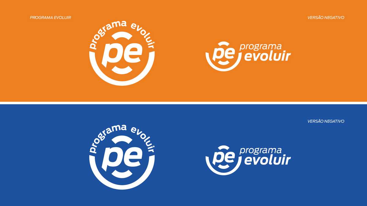 Evoluir Program logo on orange and blue panels