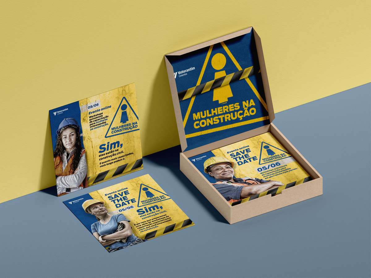 Women in Construction boxes and prints on a yellow and blue background