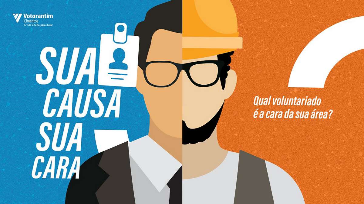 Your Cause, Your Face key visual with an illustrated worker in a hard hat, Votorantim Cimentos