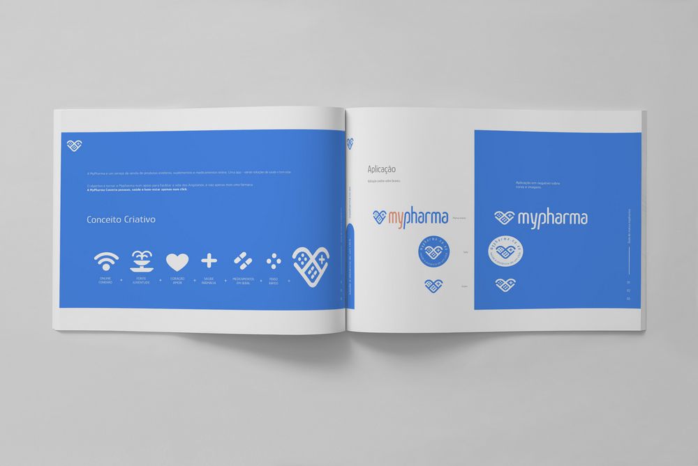 MyPharma brand guide printed as a booklet, open on a grey surface