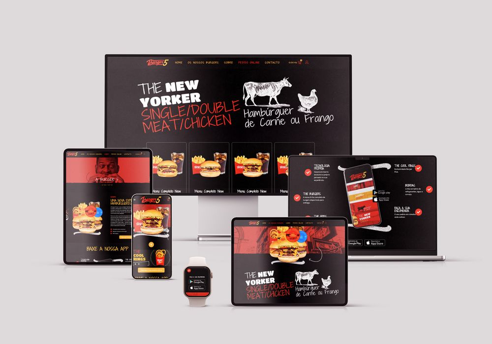 Burger Five website shown on desktop, laptop, tablet, phone and watch, light version