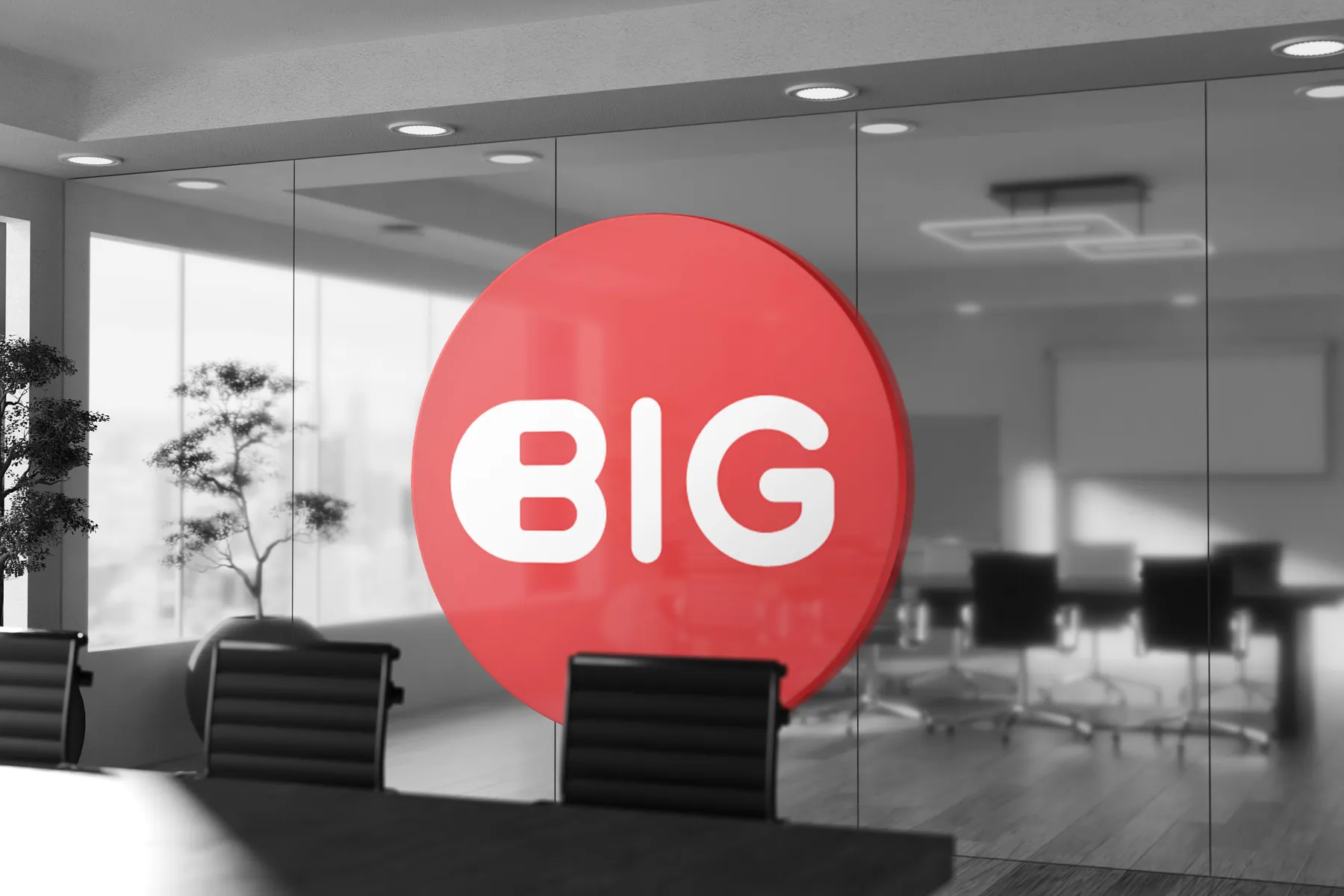 BIGhub circle logo on a glass office wall
