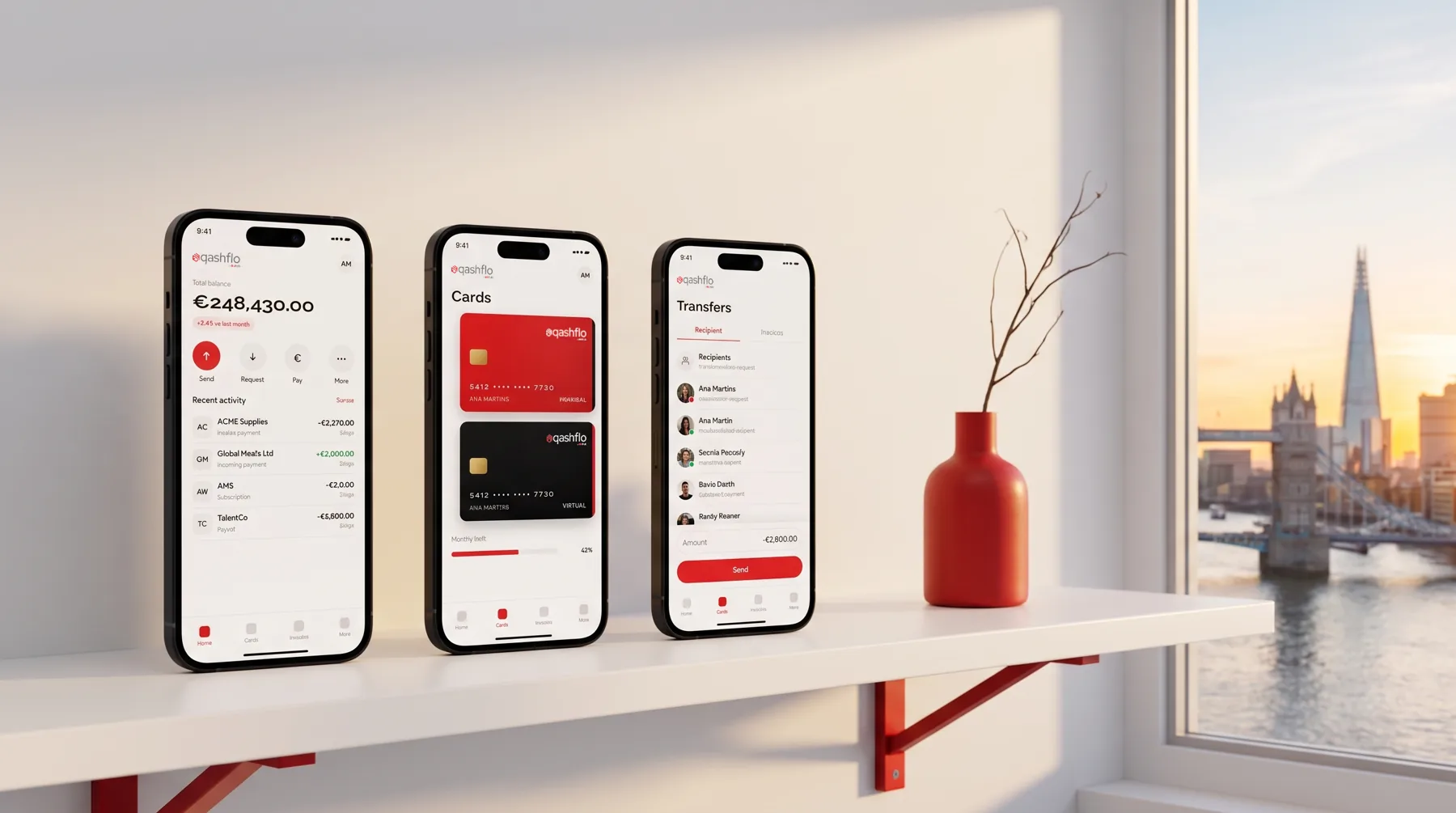 Qashflo phones with a London backdrop