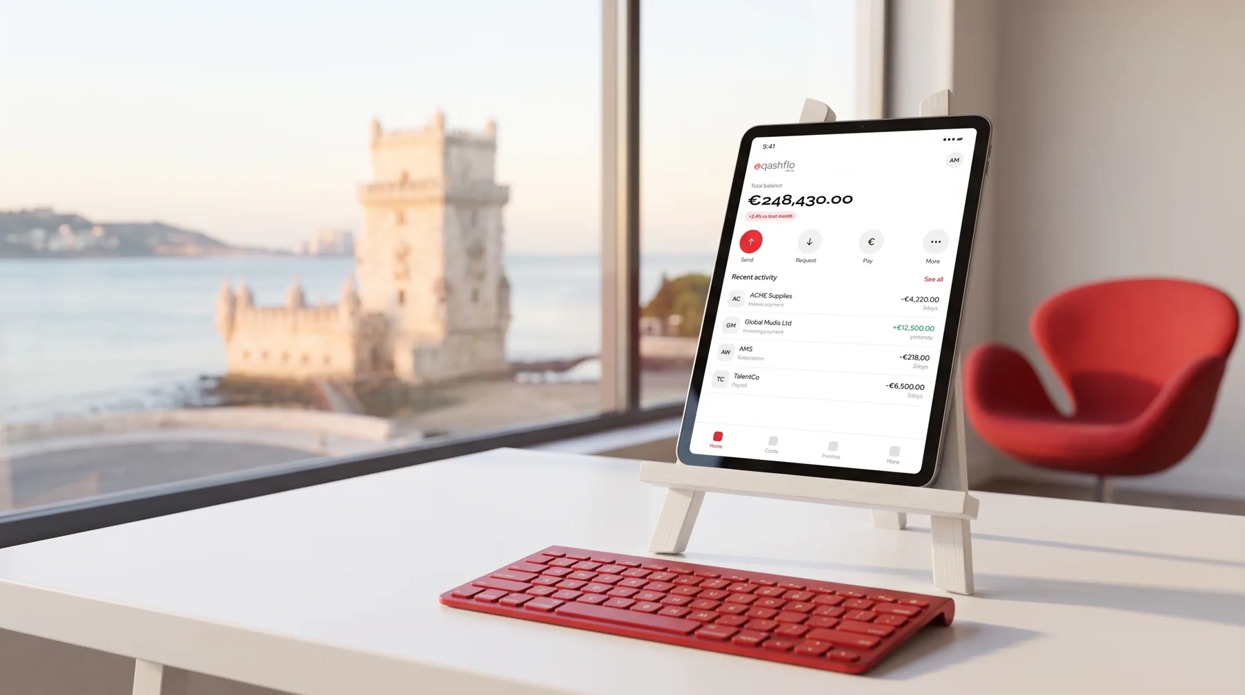 Qashflo tablet with Belém Tower backdrop