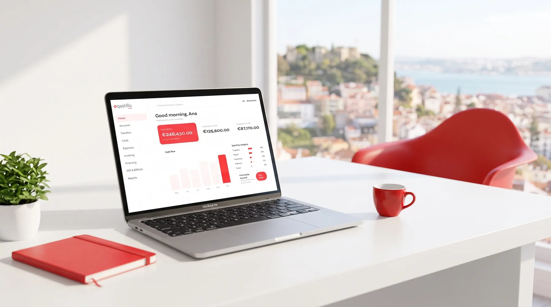 Qashflo laptop with a Lisbon backdrop