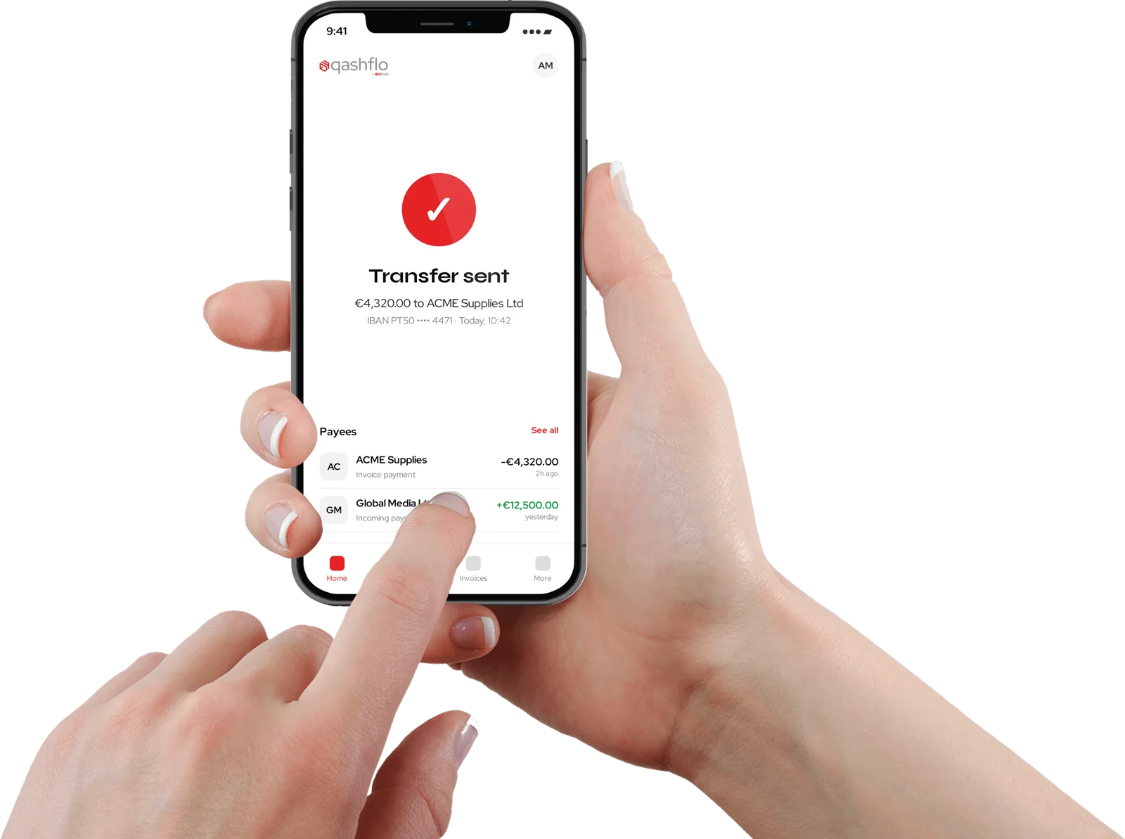 Qashflo transfer sent screen on a phone in hand