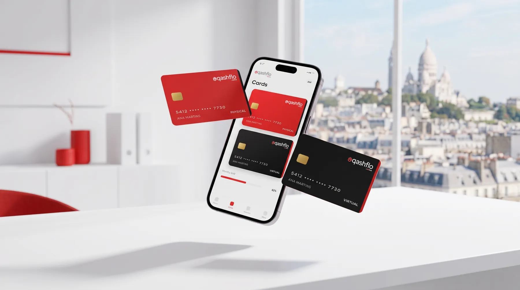 Qashflo cards and phones with a Paris backdrop