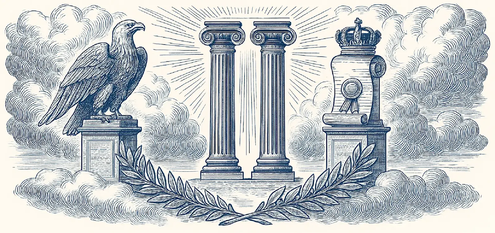 Eagle on a plinth beside two Ionic columns and a crowned scroll, engraved in blue