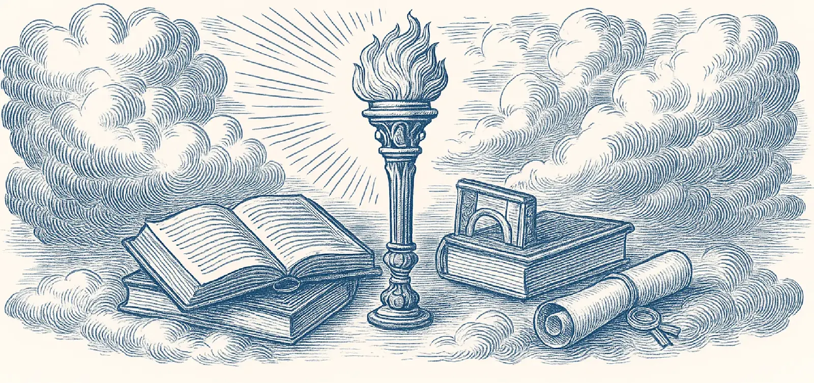 Open books, a torch and a scroll among clouds, engraved in blue